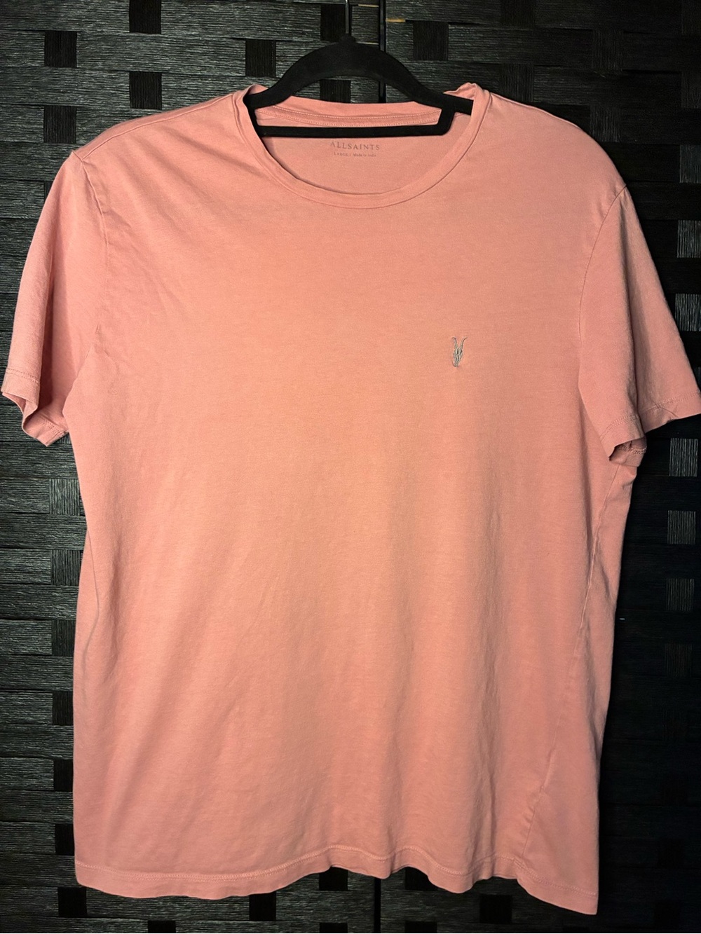 All Saints Men’s Pink Crew Neck Tee with Subtle Chest Emblem